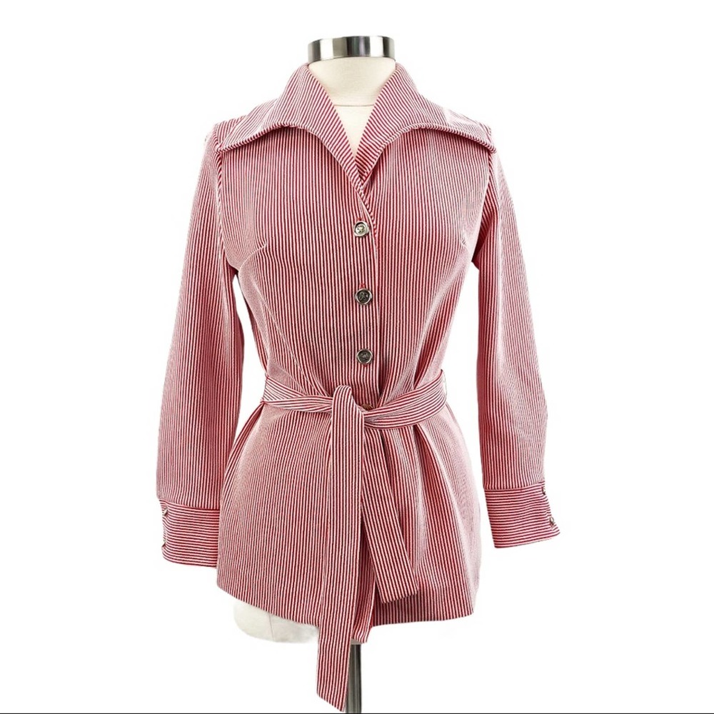 Vintage 70's Pinstripe Leisure Suit Jacket Belted Wide Collar Red White M/L